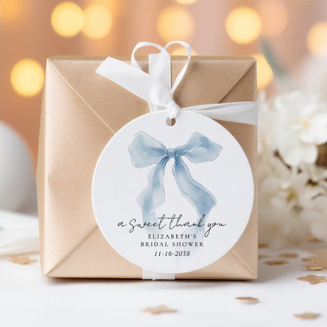 Étiquettes Cadeau Remerciement pour une élégante Baby Shower Bleu (Elegant Blue Bow Bridal Shower Thank You Favor Tags)