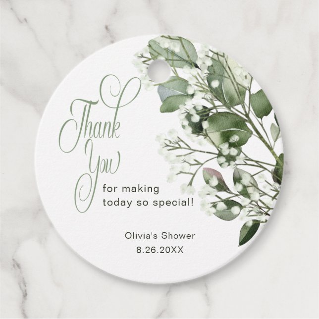 Étiquettes Cadeau Remerciements de Baby Shower Gypsophile & Eucalypt (Devant)