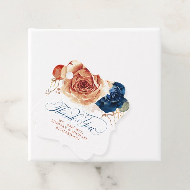 Étiquettes Cadeau Remerciements de mariage bohème bleu marine Terrac (En situation)