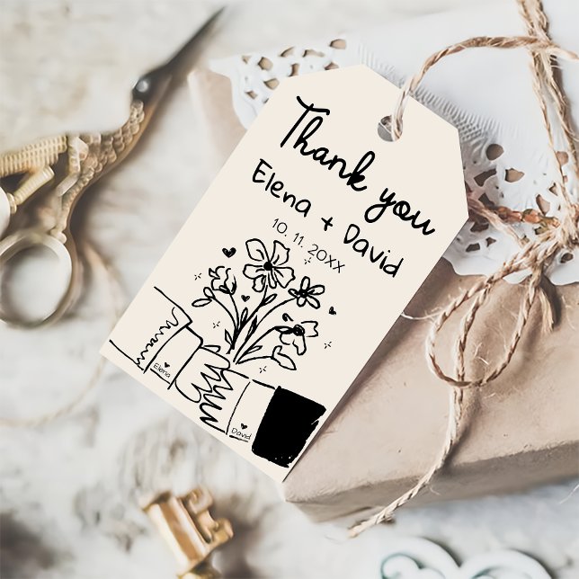Étiquettes-cadeau Remerciements de mariage floraux dessinés à la mai (Créateur téléchargé)