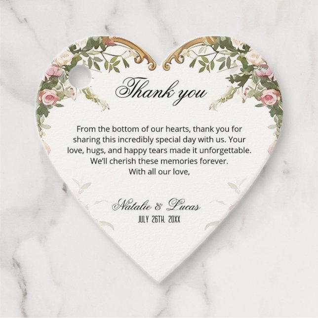 Étiquettes Cadeau Remerciements de mariage floraux en forme de cœur (Devant)