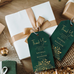 Étiquettes-cadeau Remerciements de mariage floraux or émeraude royal