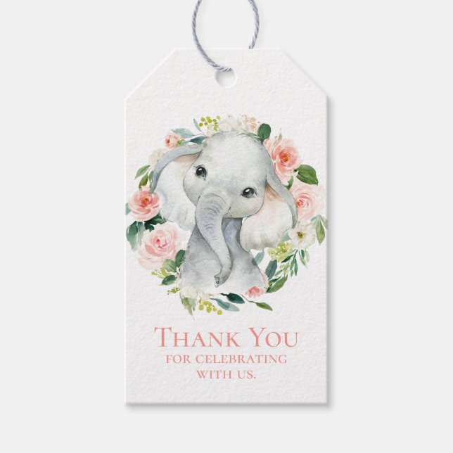 Étiquettes-cadeau Remerciements pour la Baby Shower de Bébé Éléphant (Devant)