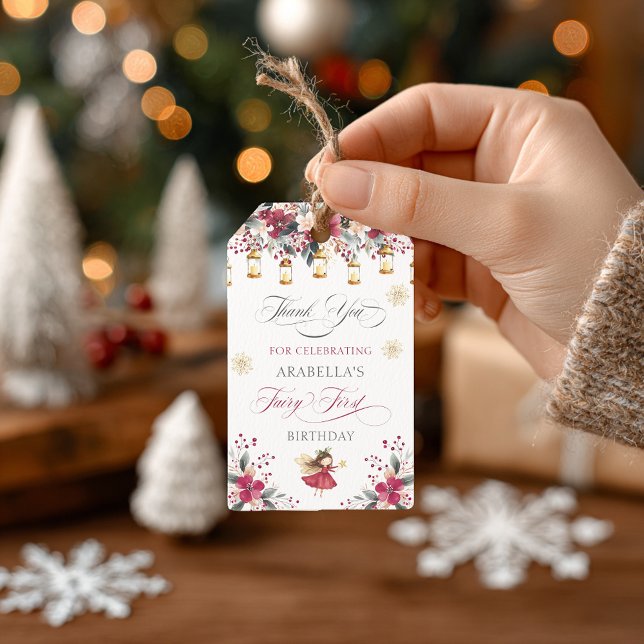 Étiquettes-cadeau Remerciements pour le Premier Anniversaire de la F (Whimsical Winter Fairy First Birthday Thank You Gift Tags)