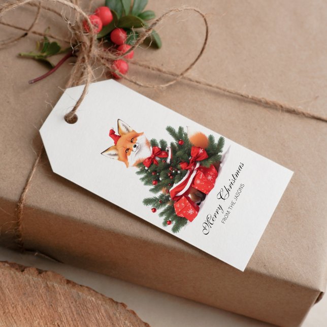 Étiquettes-cadeau Renard mignon dans le Père Noël Noël Personnalisé (Cute Fox in red Santa Hat Christmas Gift tag)