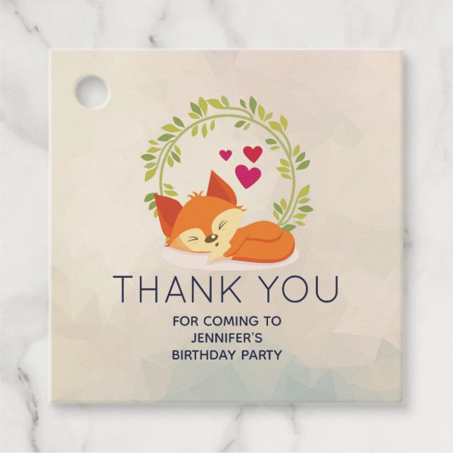 Étiquettes Cadeau Renard orange mignon, Coeurs rouges et une couronn (Devant)
