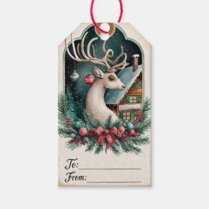 Étiquettes-cadeau Renne à cornes & Cottage enneigé