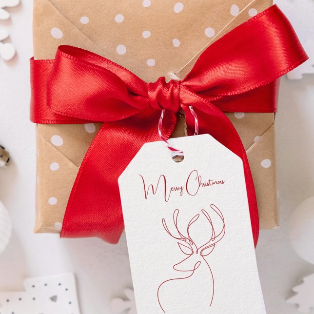 Étiquettes-cadeau Renne abstrait moderne rouge blanc pour Noël (Créateur téléchargé)