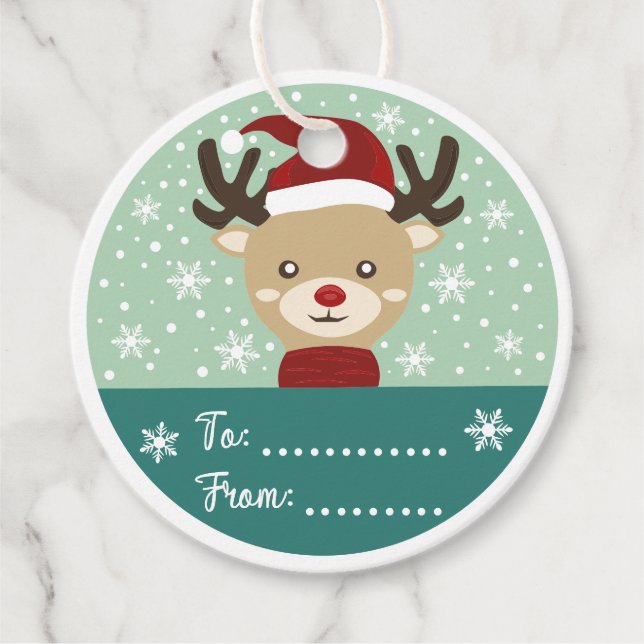 Étiquettes Cadeau Renne de Noël vert rond (Devant)