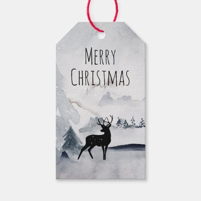 Étiquettes-cadeau Rennes dans l'Aquarelle gris sauvage Noël (Devant)