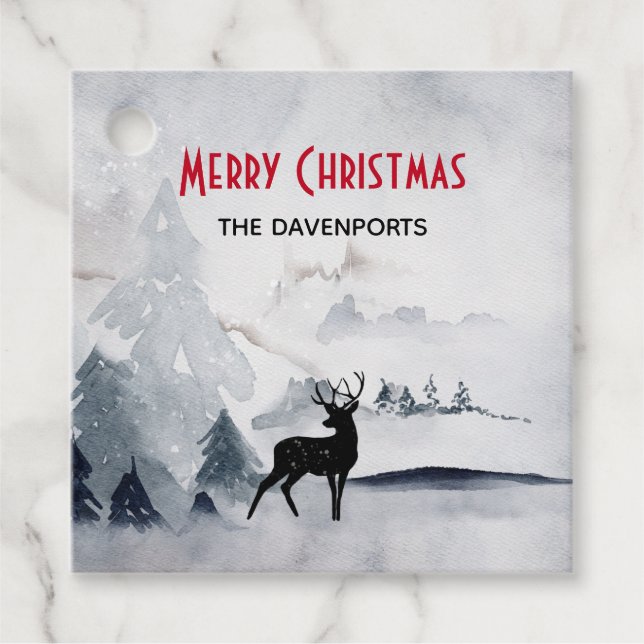 Étiquettes Cadeau Rennes dans l'Aquarelle gris sauvage Noël (Devant)