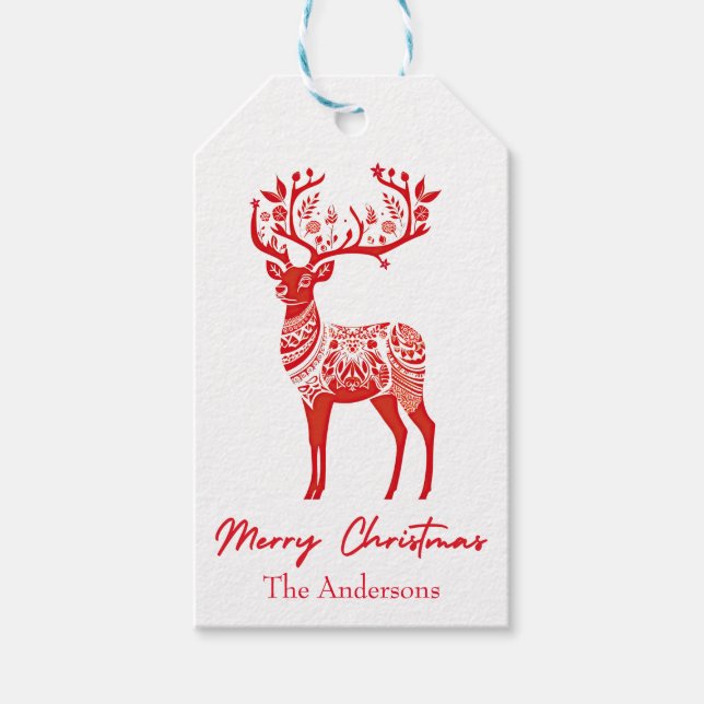 Étiquettes-cadeau Rennes scandinaves rouges Joyeux Noël (Devant)