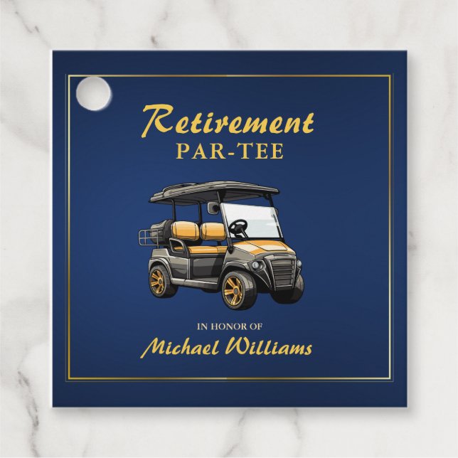 Étiquettes Cadeau Retraite Elégant Golf Thème Gris Panier Bleu Or (Devant)