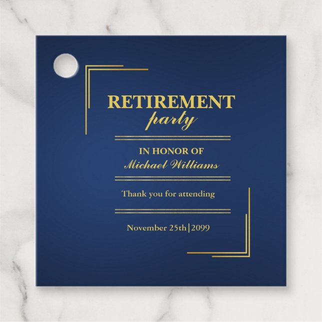Étiquettes Cadeau Retraite Entreprise Élégant Bleu Or (Devant)