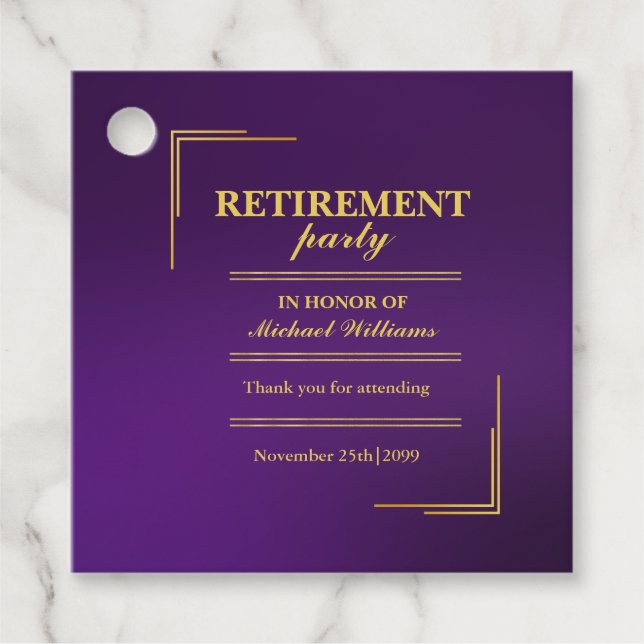 Étiquettes Cadeau Retraite Entreprise Élégante Purple Or (Devant)