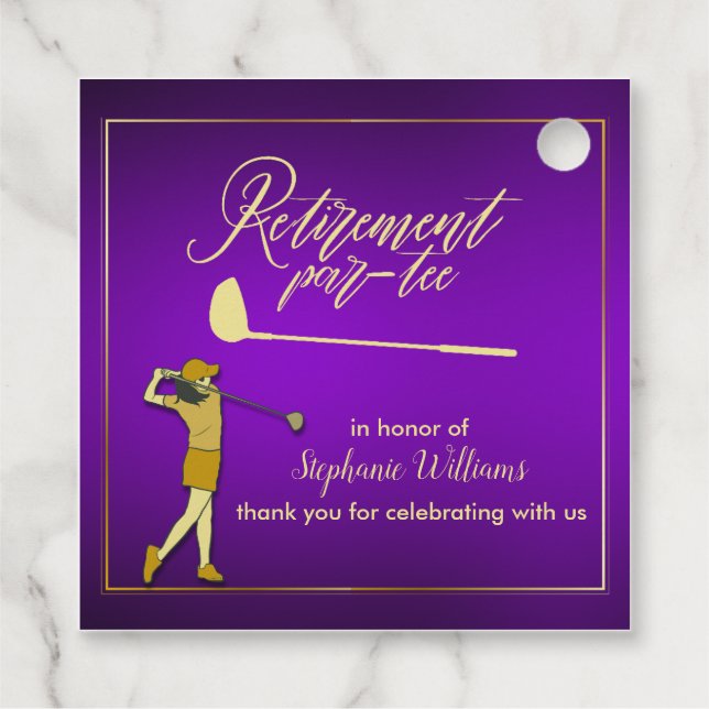 Étiquettes Cadeau Retraite Golf Party Classique Violet Golden Woman (Dos)