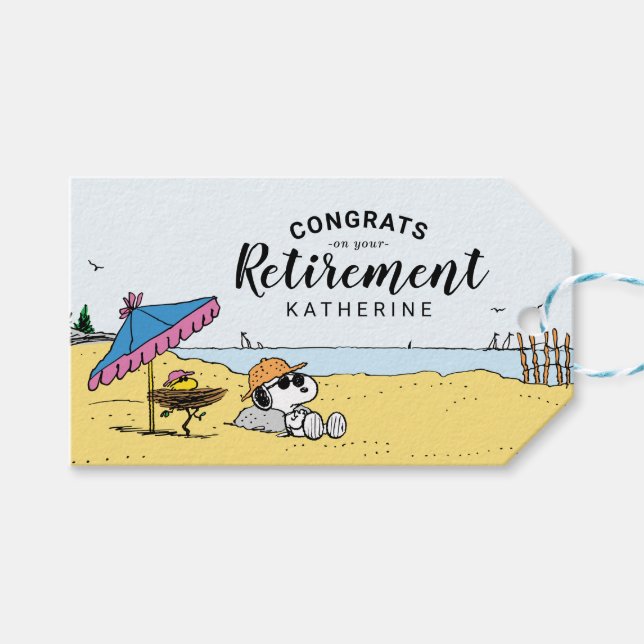 Étiquettes-cadeau Retraite | Snoopy & Woodstock à la Plage (Devant (Horizontal))