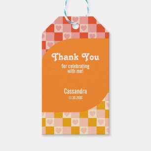 Étiquettes-cadeau Retro À damiers Heart Bauhaus Red Orange Anniversa