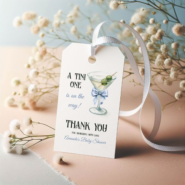 Étiquettes-cadeau Retro A Tini One Martini Blue Bow Boy Baby Shower (Créateur téléchargé)