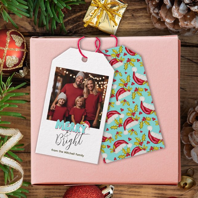 Étiquettes-cadeau Retro Bleu Simple Photo Joyeux Noël brillant (Créateur téléchargé)