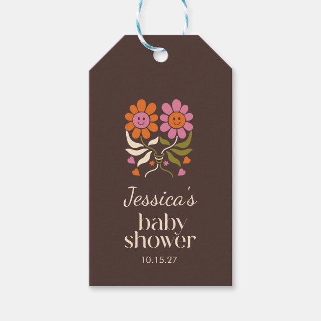 Étiquettes-cadeau Retro Boho Brown Fleur Baby shower Super Personnal (Devant)