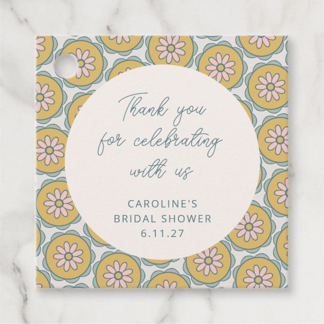 Étiquettes Cadeau Retro Boho Floral Jaune Remerciement de douche per (Devant)