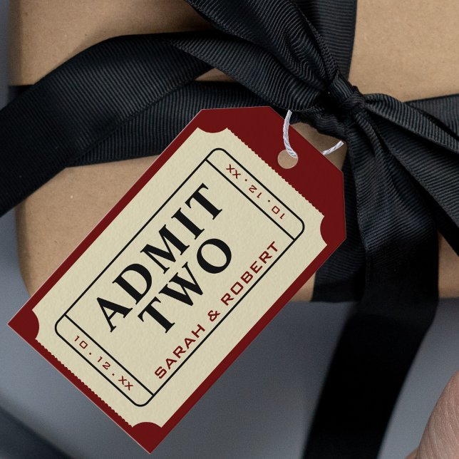 Étiquettes-cadeau Retro Cinema Theater Admettez Deux Mariages de bil (Retro Cinema Theater Admit Two Ticket Wedding Gift Tags)