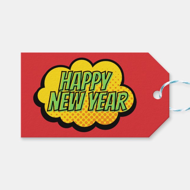 Étiquettes-cadeau Retro Comic Style de livre Bonne année (Devant (Horizontal))