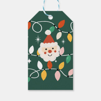 Étiquettes-cadeau Retro Cute Père Noël avec Fairy Lights Green