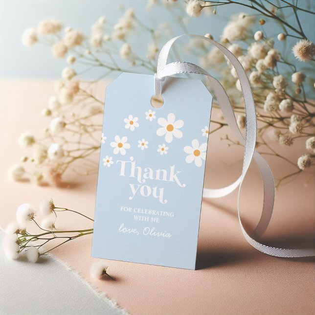 Étiquettes-cadeau Retro Daisy bleu pâle boho merci (Créateur téléchargé)