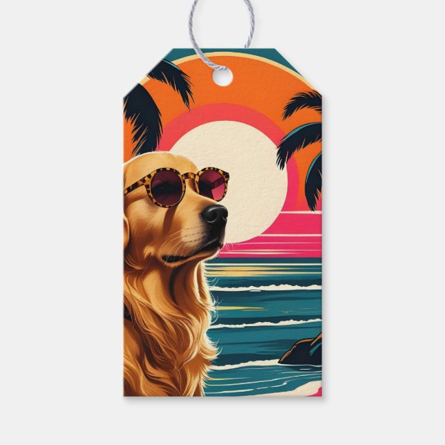 Étiquettes-cadeau Retro Dog Sunglasses Vintage Sunset Beach  (Devant)