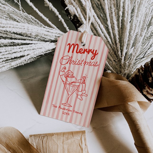 Étiquettes-cadeau Retro Drawn Red Stripes Santa Claus Christmas (Créateur téléchargé)