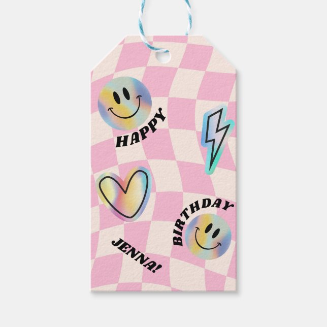 Étiquettes-cadeau Retro Emoji Souriez Anniversaire Pour Les Filles (Devant)