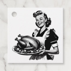 Étiquettes Cadeau Rétro Femme au foyer avec Thanksgiving Turquie