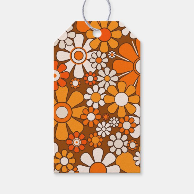 Étiquettes-cadeau Retro Garden Floral 60s les années 70 Motif Brown  (Devant)