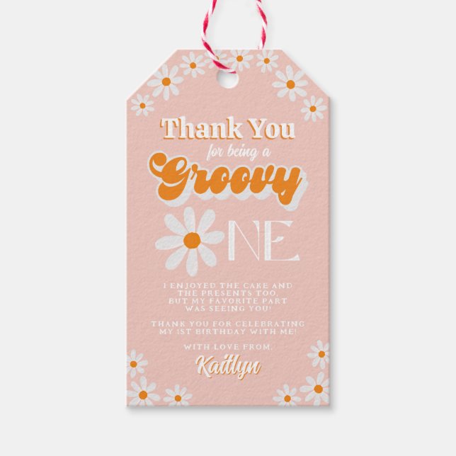 Étiquettes-cadeau Retro Groovy Fille 1re Anniversaire (Devant)