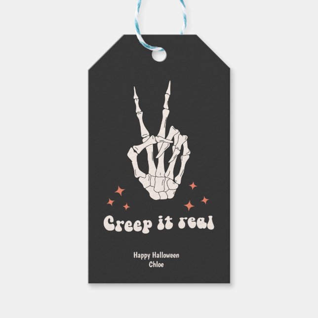 Étiquettes-cadeau Retro Halloween Creep it Real Skeleton (Devant)