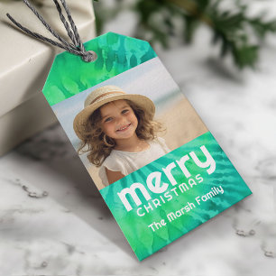 Étiquettes-cadeau Retro Joyeux Noël Cravate-Dye Photo Turquoise les