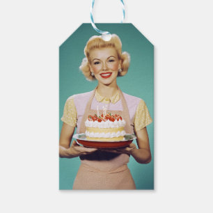 Étiquettes-cadeau Retro Maman tient un gâteau de fête