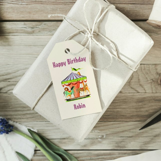 Étiquettes-cadeau Retro Merry-Go-Round Nom d'enfant Joyeux anniversa (Créateur téléchargé)