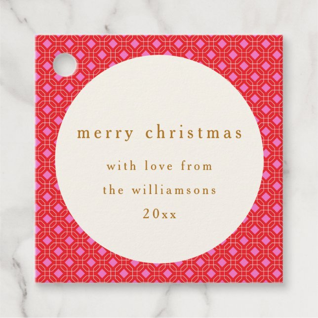 Étiquettes Cadeau Retro MidCentury Rouge rose mignon Noël personnali (Devant)