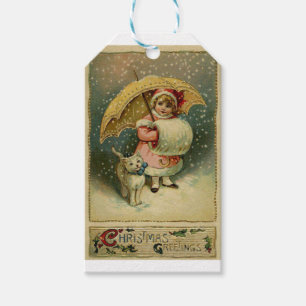 Étiquettes-cadeau Rétro Noël vintage victorien d'enfant et de chat