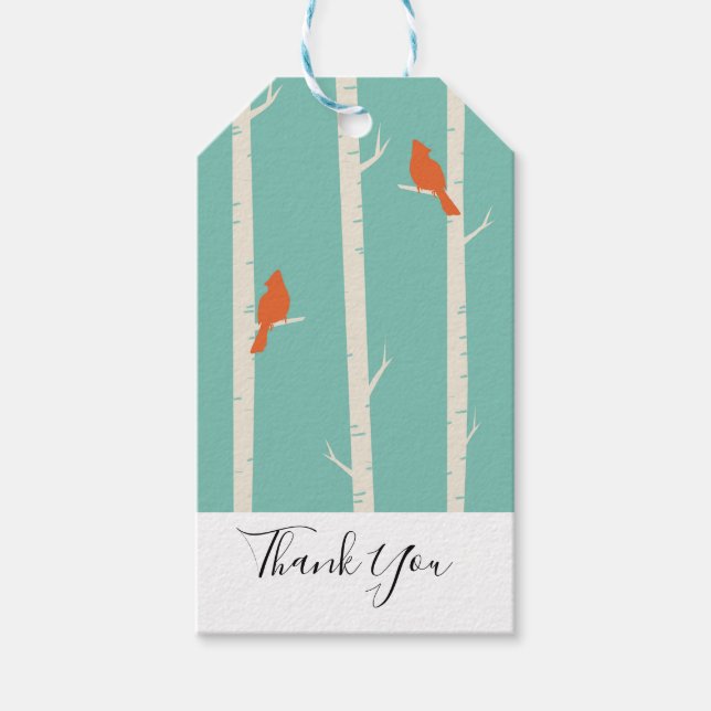Étiquettes-cadeau Rétro Orange Birds on Birch Trees (Devant)