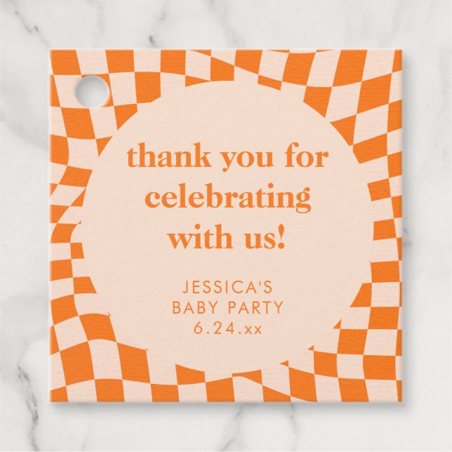 Étiquettes Cadeau Retro Orange Checkerboard Baby Shower Thank You (Devant)