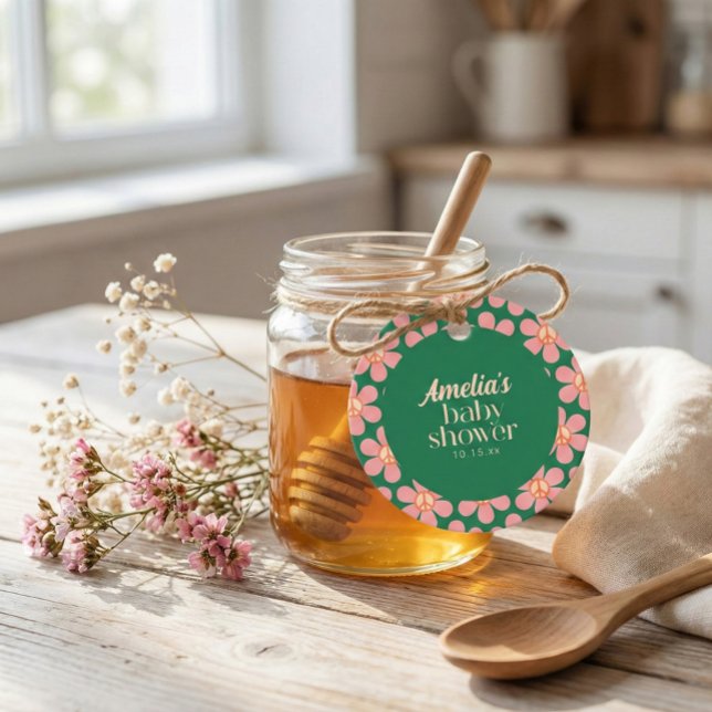 Étiquettes Cadeau Retro Peace Sign Flower Green Pink Baby Shower  (Créateur téléchargé)