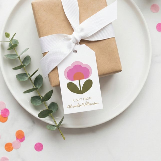 Étiquettes-cadeau Retro Pink Cute Flower Personalized From Name (Créateur téléchargé)