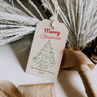 Étiquettes-cadeau Retro Red Green Hand Drawn Christmas Tree Vintage