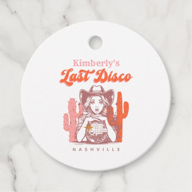 Étiquettes Cadeau Rétro Rose Cow-Girl Dernière Disco Enterrement de  (Devant)