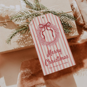 Étiquettes-cadeau Rétro rouge rose Draw Bow Wreath Noël