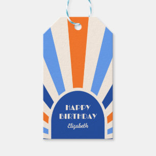 Étiquettes-cadeau Retro Sunburst Arch Typographie Anniversaire Bleu